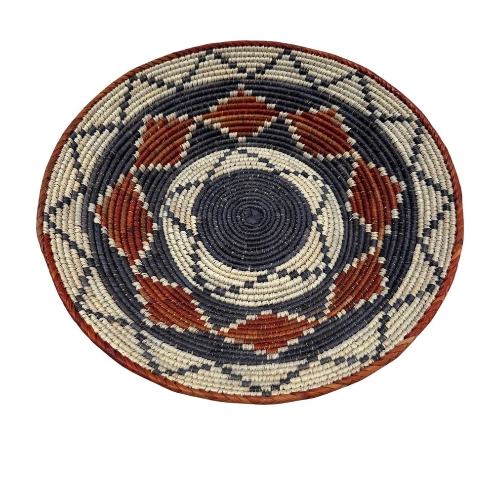 Hand Woven Navajo Basket Bowl 13.5"‎ Geometric Sunburst Navy Cream Terracotta